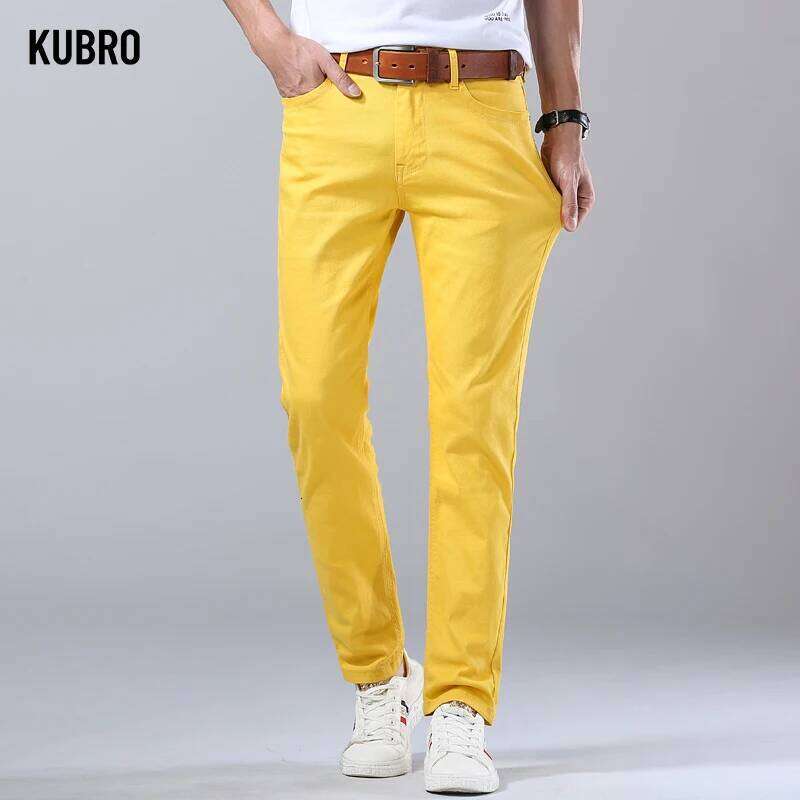 Autumn New Men's Bright Stretch Fit Jeans Trendy Denim Straight-leg Male Red Lake Blue Yellow Trousers 26Y0312