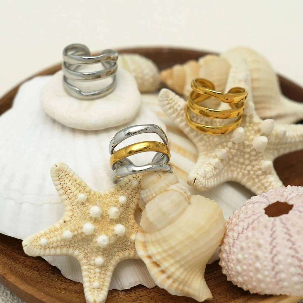 Minimalist Line 18K Gold Color Plated Stainless Steel Stackable Hollow Women's Jewelry Adjustable Ring Party Gift H260312