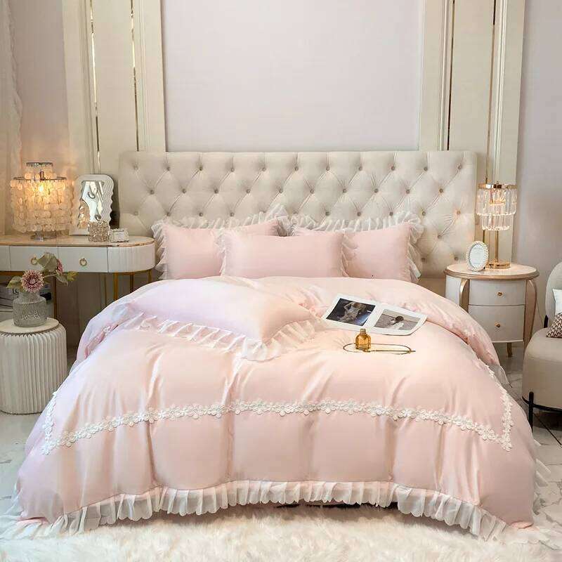 2025 new washed silk lace princess style bed sheet quilt solid color household four-piece set H260312
