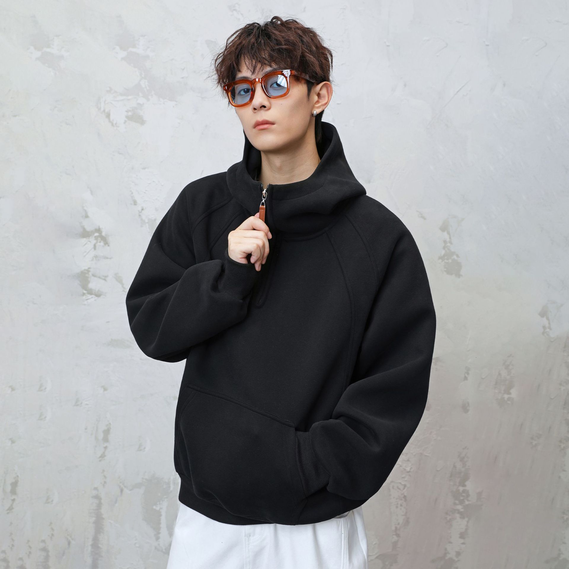 3D Split Half-zip Hoodie For Men Autumn And Winter New Heavyweight Thickened Designer Hoodie Half-turtle Neck Raglan Sleeve Hoodie Jacket