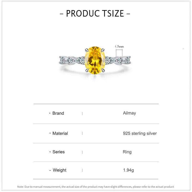 Ailmay 925 Sterling Silver Oval Yellow Shining Crystal Finger Ring For Women Engagement Wedding Trendy Fine Jewelry Gift H260312