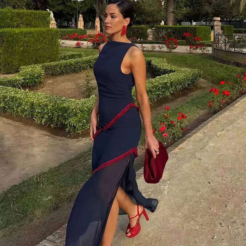 Tidalyf 2025 Women Color Block Backless Dress Sleeveless Round Neck with Fringe Trim and Sheer Chiffon Hem Sexy Party Outfit C260312