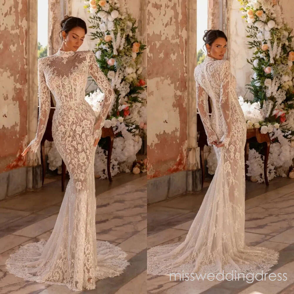 Graceful Wedding Dresses High Neck Appliques Bridal Gowns Illusion Long Sleeves Princess Sweep Train Mermaid Customized Vestidos De Novia Plus Size