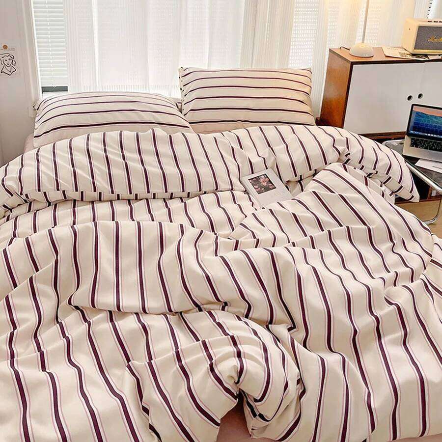 KDJEIKZ Simple Style Red And Blue Strip Duvet Cover Bed Sheet Set Washed Cotton Bedding Set, Washable H260312