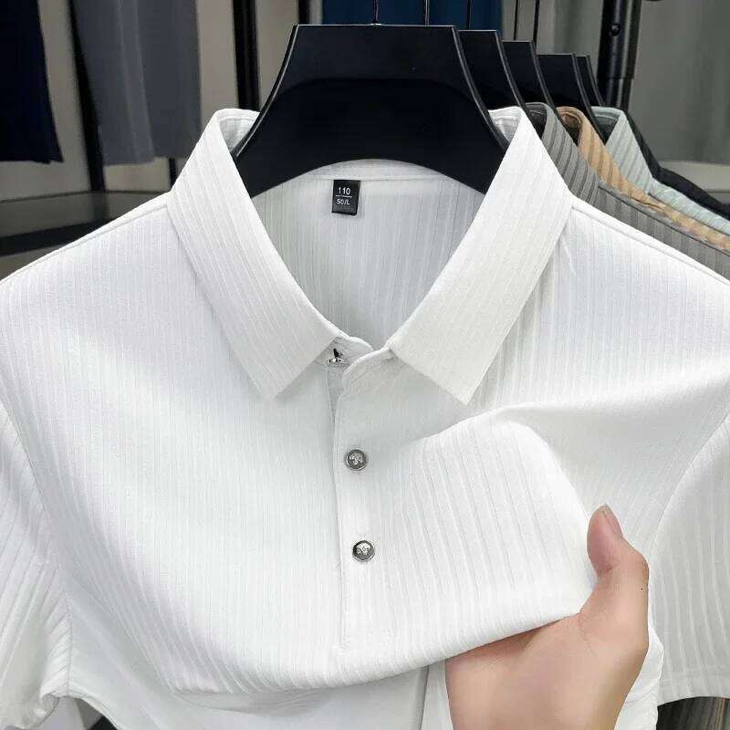 New Men's Casual Fashion Striped Short Sleeved Collar Polo Shirt Breathable and Comfortable Summer Versatile T-shirt 26H0312