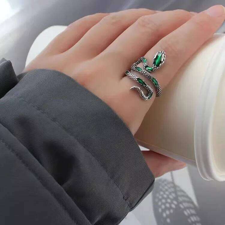 925 Sterling Silver Rings For Women Vintage Handmade Adjustable Retro Green Snake Ring Fashion Band Female Bijoux Gift H260312