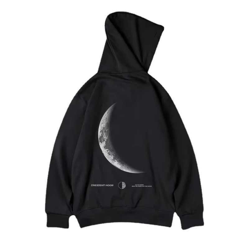 M-8XL American Style Street Crescent Print Oversized Hoodie Long-sleeve Loose Hoodie Students Large Soft Velvet Hooded Sweater M260312