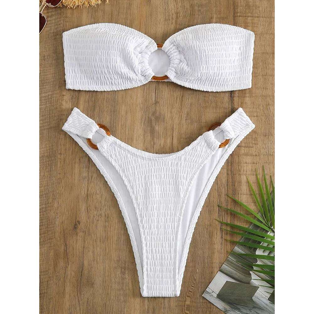 Ring Link Bandeau Bikini 2025 Women Brazilian Swimwear Female Sexy Swimsuit Solid Beachwear Bathers Bathing Swimming Swim Suit Y260303