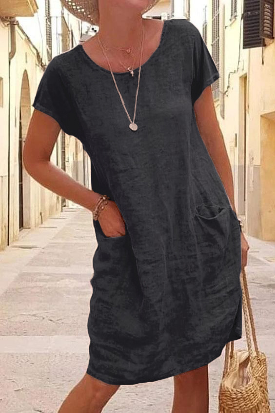 2023 New Summer Loose Solid Color Pocket Short Sleeve Round Neck Cotton Linen Dress for Women