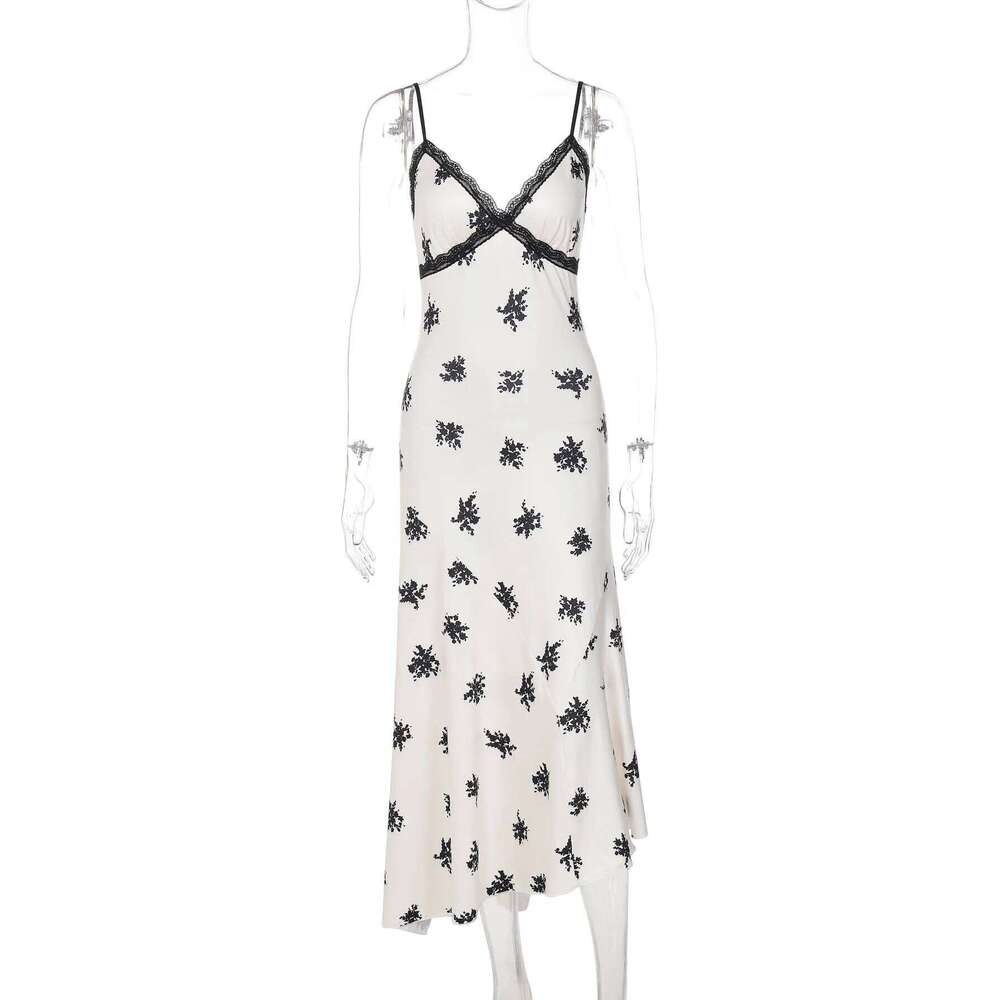 Dulzura Summer Fashion Sexy Backless Lace Patchwork Irregular Print Suspender Long Elegant Women'S Dress Party Club Outfit C260312