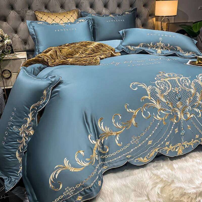 4pcs Gray Sateen Gold Embroidery Satin Cotton Bedding Set Double Queen King Comforter Cover Bed Sheet Pillowcases 48x74cm H260312