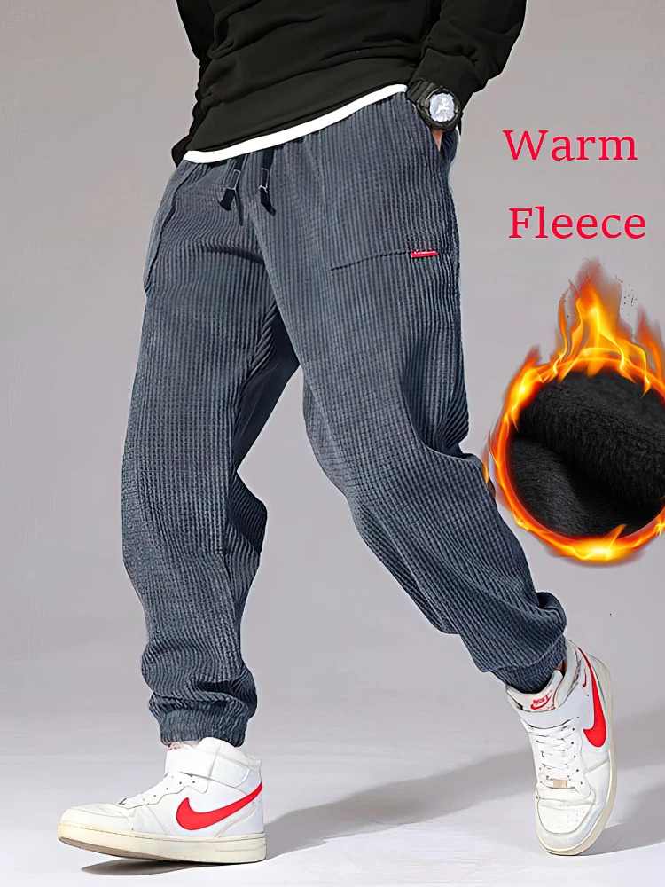 Autumn Winter Warm Motorcycle Jogger Corduroy Pants Men Tech Fleece Sweatpants Casual Harem Pants Male Sport Thermal Trousers 260311