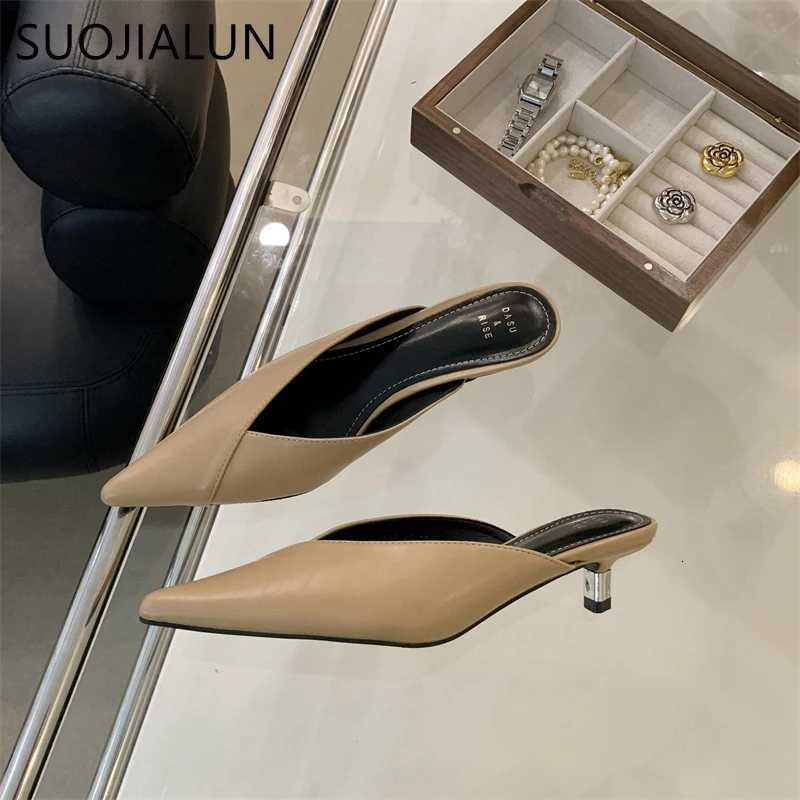 SUOJIALUN 2024 Spring New Women Slipper Fashion Pointed Toe Shallow Slip On Mules Shoes Thin Low Heel Dress Sandal Shoes P K260312