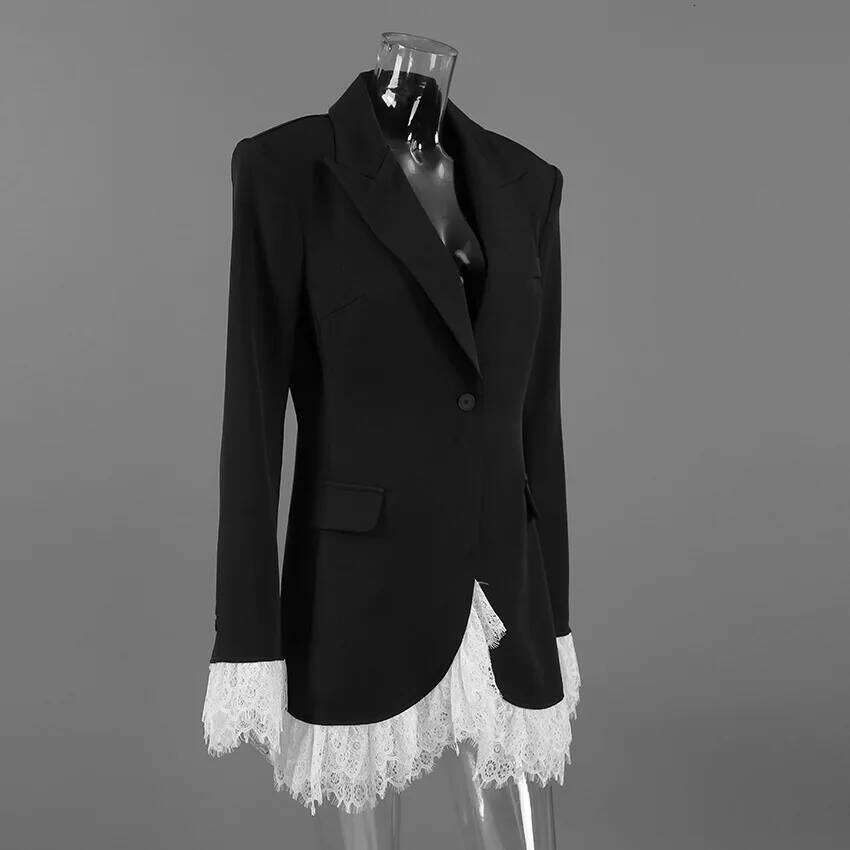BKLD 2025 Autumn New Sexy V-Neck Lace Patchwork Black Dress Elegant Temperament Long Sleeve Blazer Short Dresses Women Clothing C260312