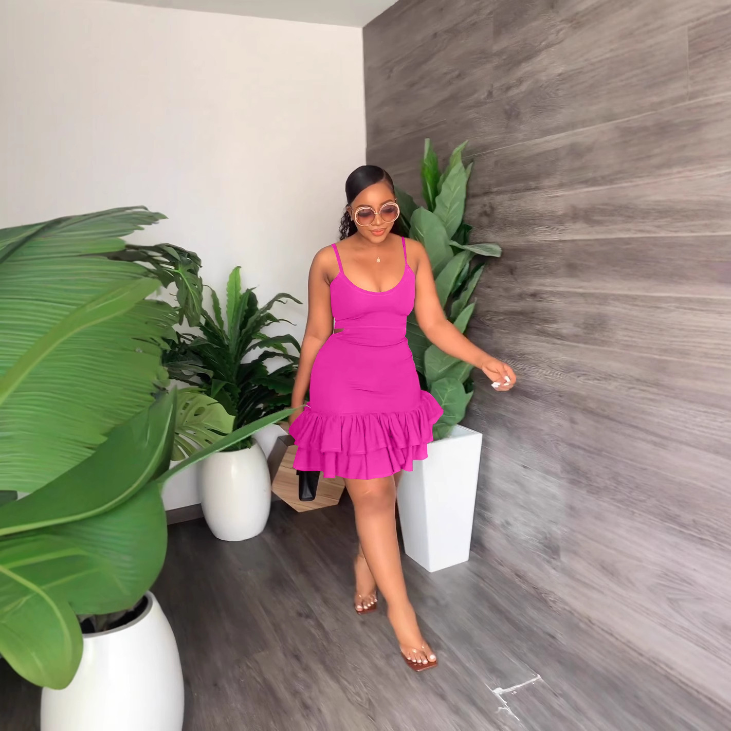 Womens Casual Fashion Strap Low-Cut Ruffle Hem Bodycon Dress