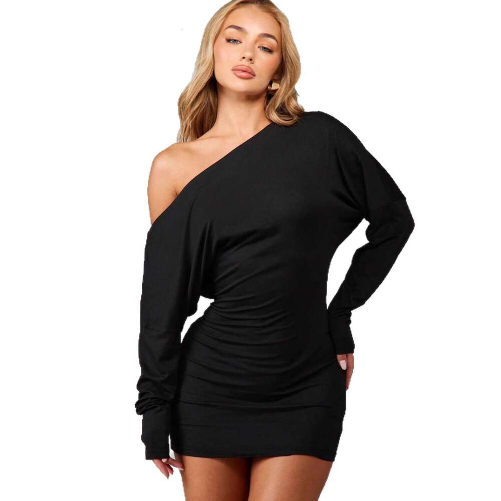 Cross-Border Foreign Trade INS European and American Solid Color Slim 2025 Autumn New Style Asymmetrical Shoulder Long Sleeve One-Step Dress Women