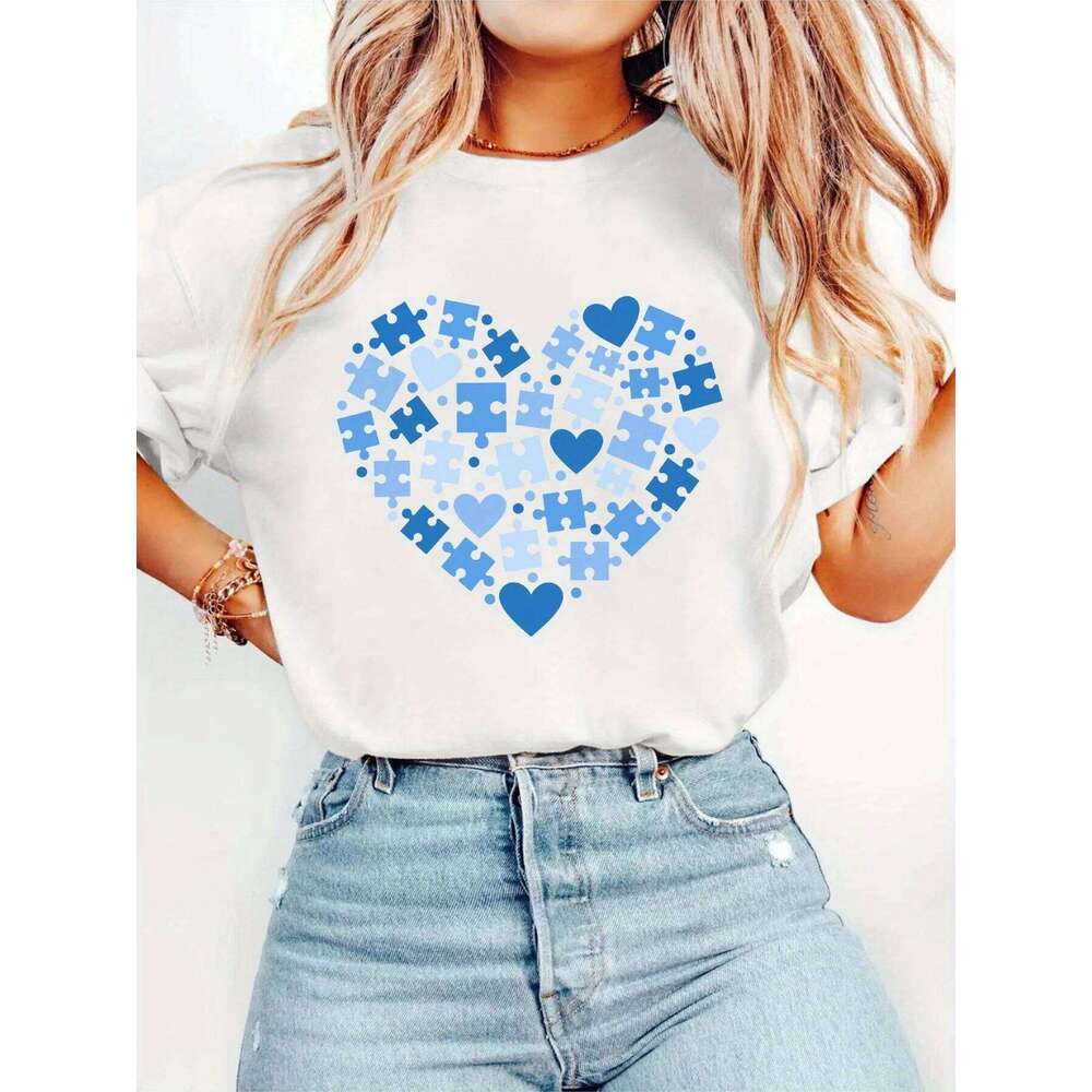 Women's light blue Autism Awareness Puzzle heart print T-shirt, short sleeve crew neck casual summer top Z260312