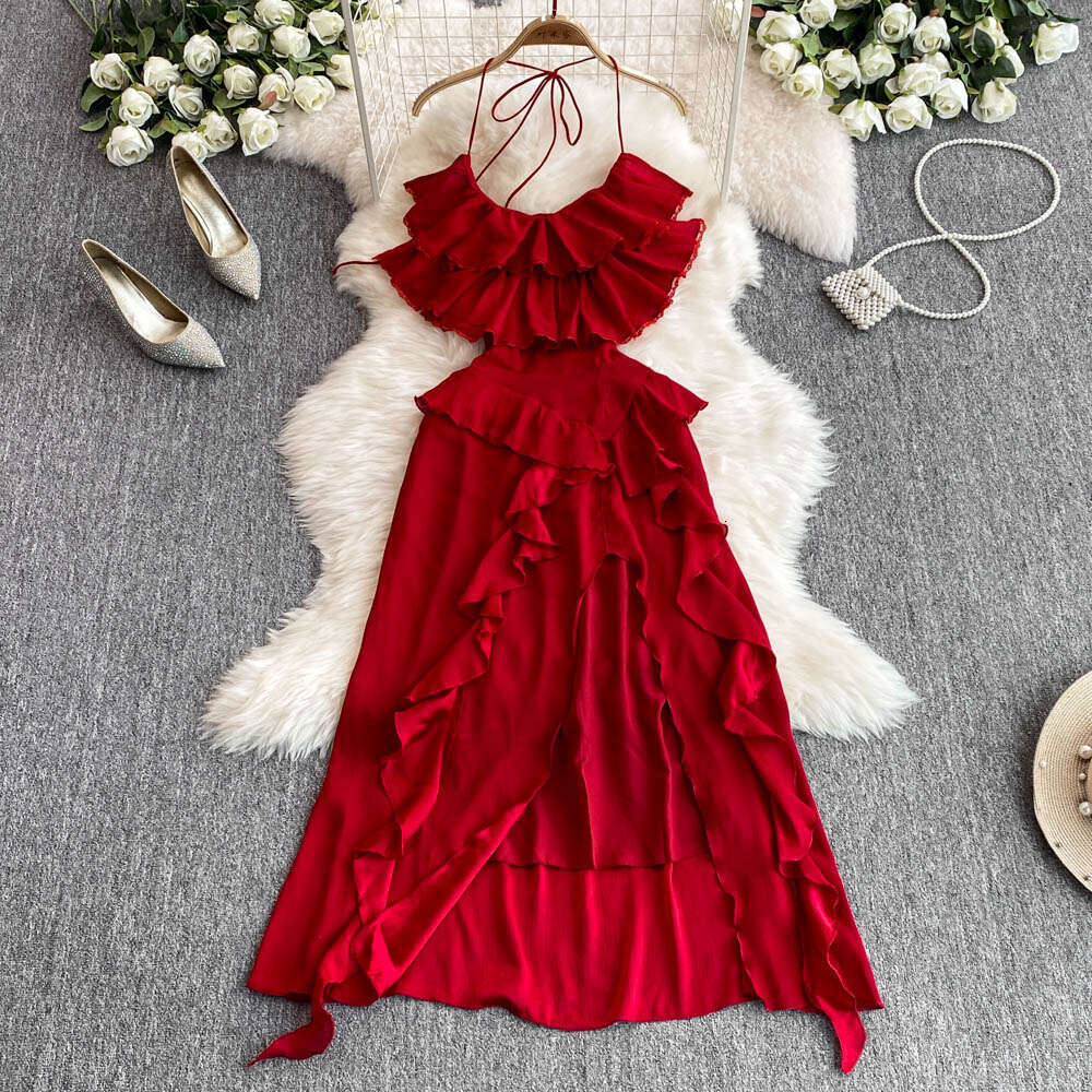 2026 designer's bright red backless collar dress with a20 ruffled edges and perfect seaside travel and vacation
