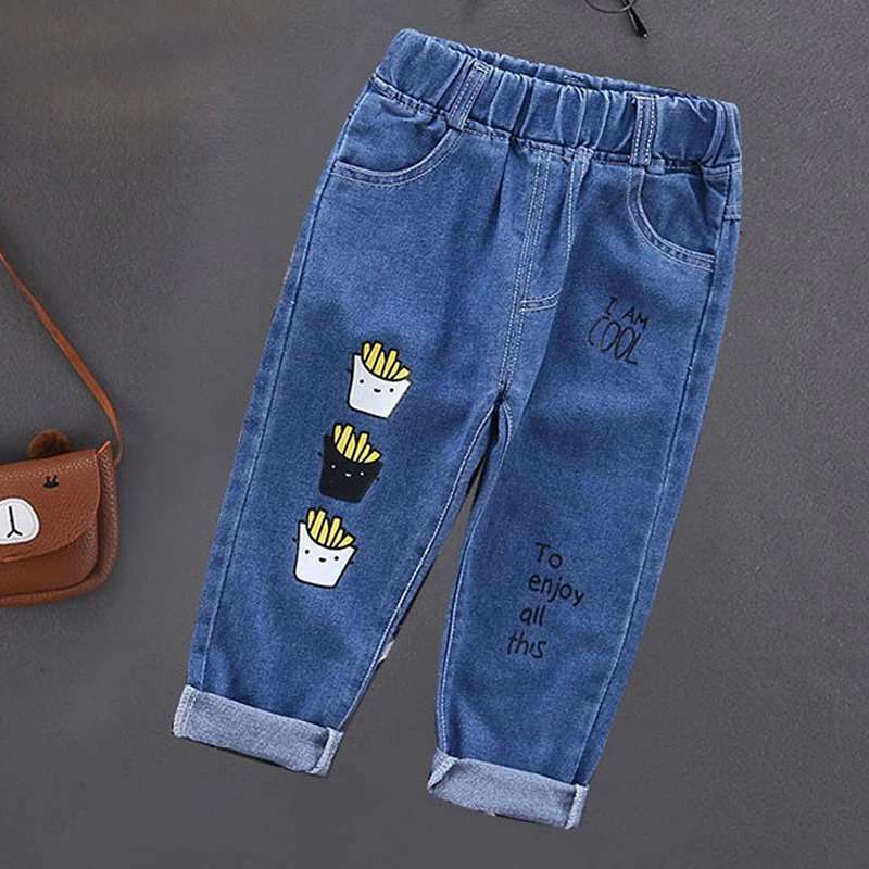 Spring Autumn Children Jeans Boys Cotton Print Splice Stretch Denim Pants Korean Teenage Trousers Wear Kids ClothingDenimRipped 260311