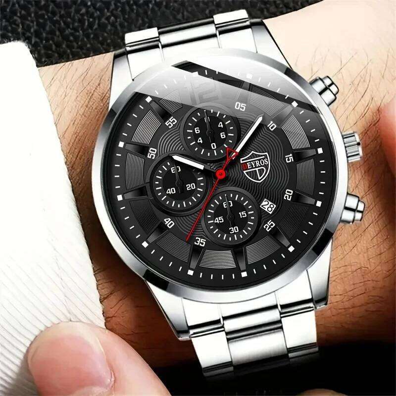 5 Pcs/set Men's Fashion Watch Set, Quartz Wristwatc Hip Hop Cuban Chain Necklace, Bracelet & Ring, Business Style Accessories
