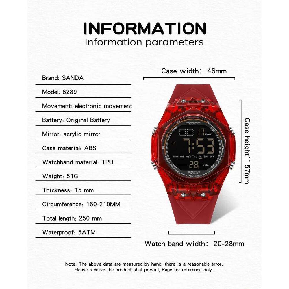 SANDA 6289 New Electronic Watches for Man Large Dial Calendar Luminous Waterproof Shockproof Fashion Woman Digital Wristwatch