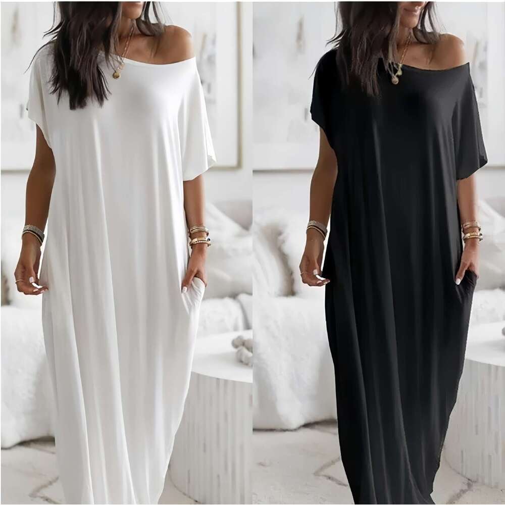 Popular foreign trade product: European and American summer new women's solid color short-sleeve long casual dress