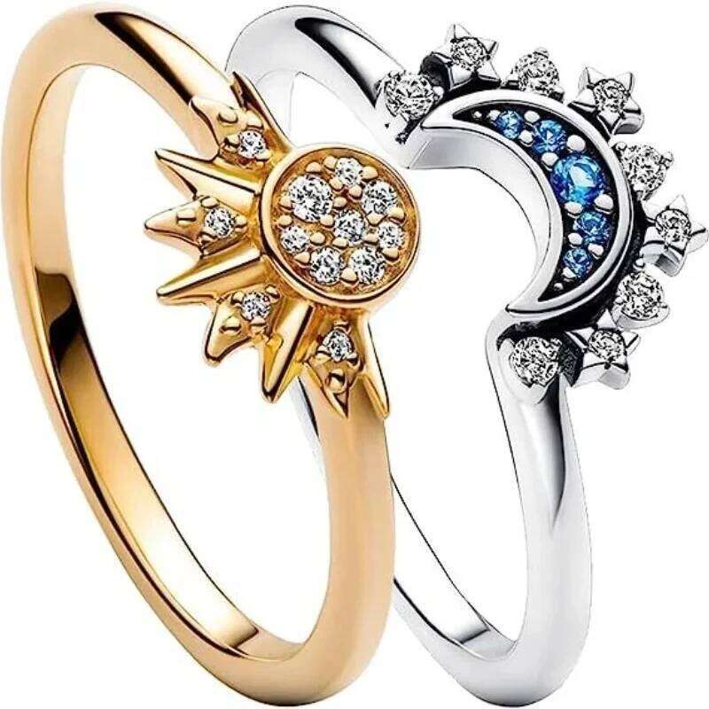 2PCS Set Gold Sun Blue Sparkling Moon Men Women Star Couple Silver Color Rhinestone Engage Ring For Love W260311