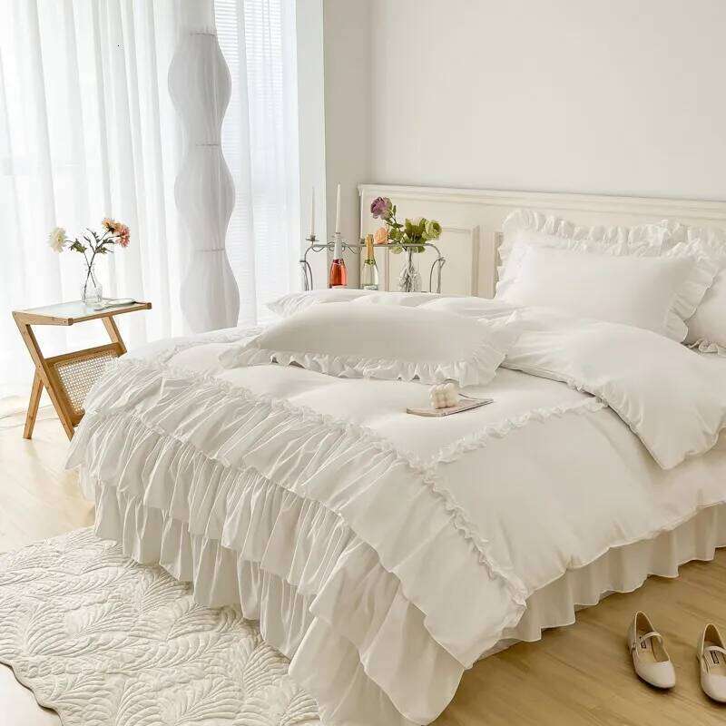 Ruffle Queen Twin 100%Washed Microfiber 3pcs Bedding Set, Shabby Chic Farmhouse Duvet Cover Pillow shams H260312
