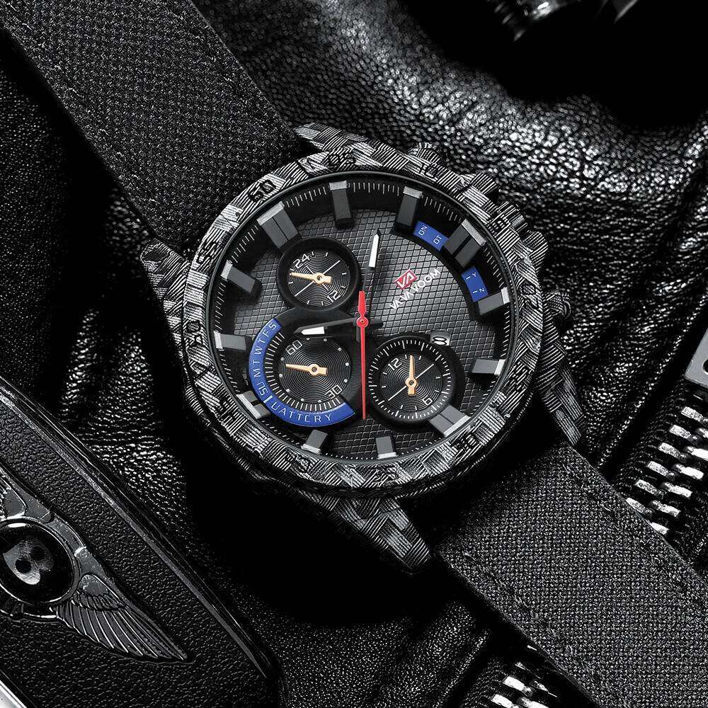 Leather With Fashionable Carbon Fiber Shell 46mm Large Dial Sports Clock Quartz Movement Military Style Watch for Men