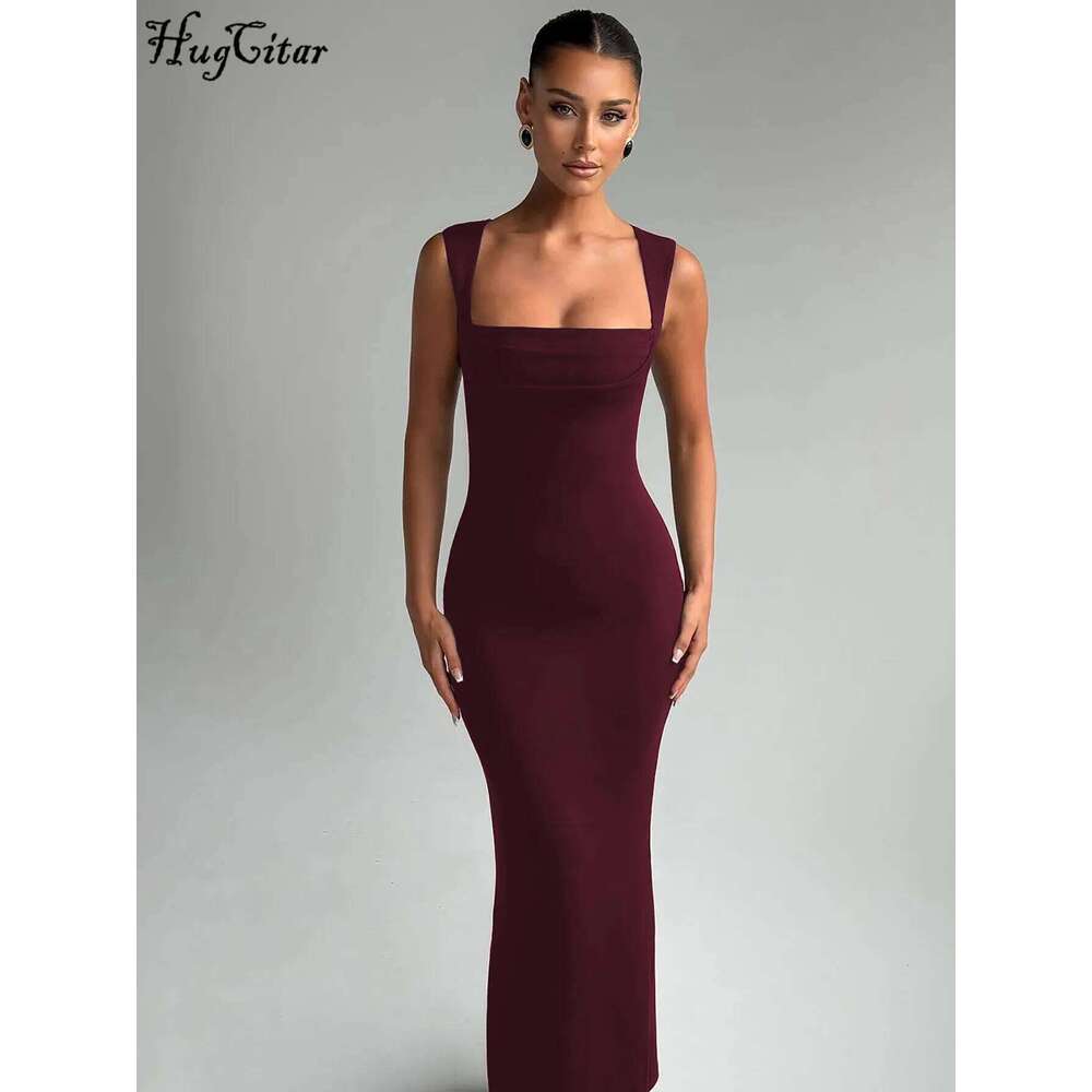 Hugcitar Elegant Solid Square Collar Straps Sexy Bodycon Maxi Prom Dress Summer Women Y2K Clothes Evening Party Birthday C260311