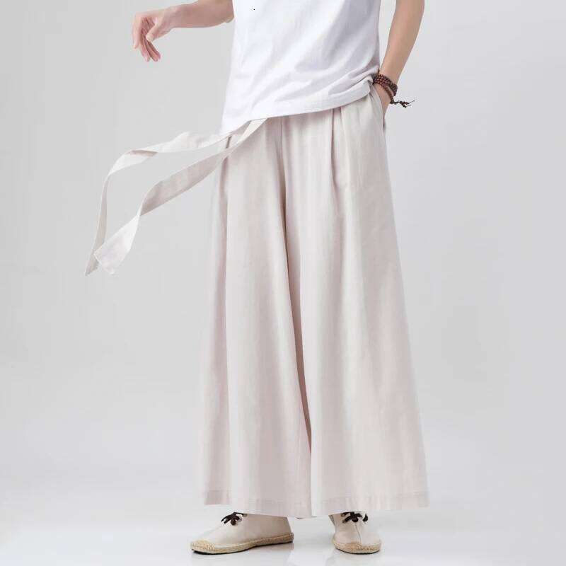 2023 Chinese Style Harajuku Cotton Linen Man Japanese Kimono Pants Male Streetwear Summer Retro Wide-Leg Trousers