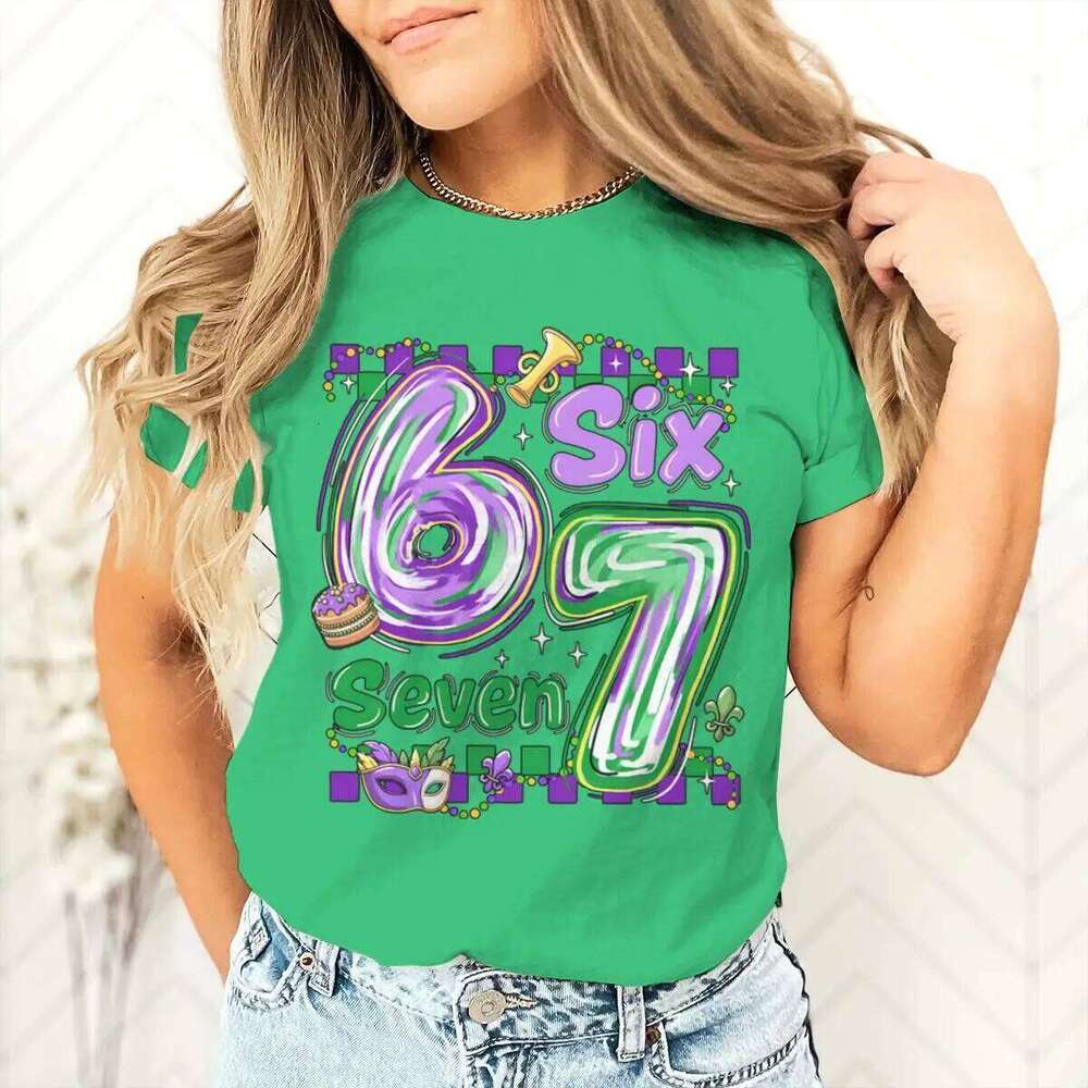 Six Seven Printed Women Shirt Mardi Gras Female T-shirt Girls Carnival Outfit Tee Vintage Holiday Short Sleeve Tops Z260312