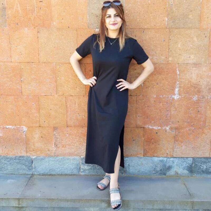 Summer Korean Style Midi Women Casual Black Long Dresses Short Sleeve Sexy Plus Size Side Open Party Maxi T Shirt Dress C260311