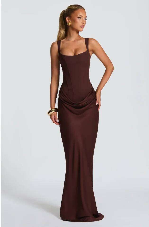 Women Solid Pleated Sling Dress Sexy Square Neck Sleeveless Off-shoulder Waist Cinching Slim Dresses Lady Evening Party Gowns C260312