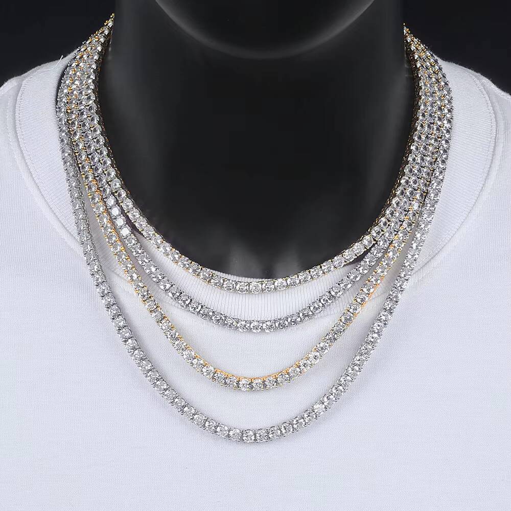 NUOYA High Quality Hiphop Jewelry 2mm 3mm 4mm 5mm VVS Moissanite Diamond Silver Plated Brass Tennis Chain Necklace for Men Women