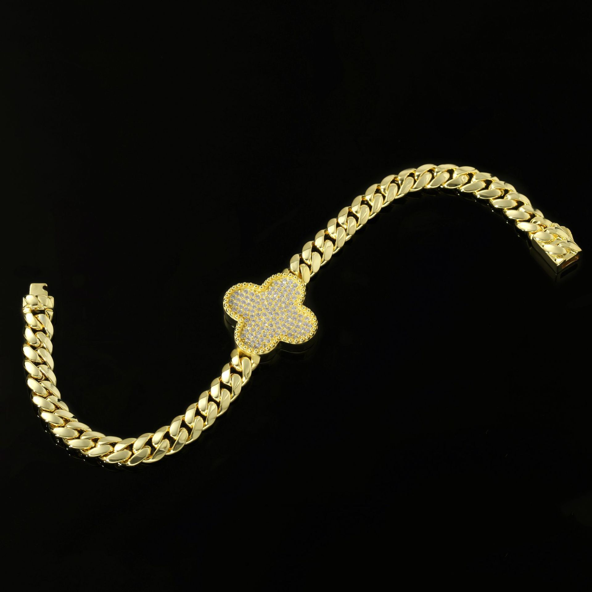 Bracelet Spring Buckle Four-Leaf Clover Zircon Bracelet Tennis Chain Men's High-End Versatile Bracelet Jewelry