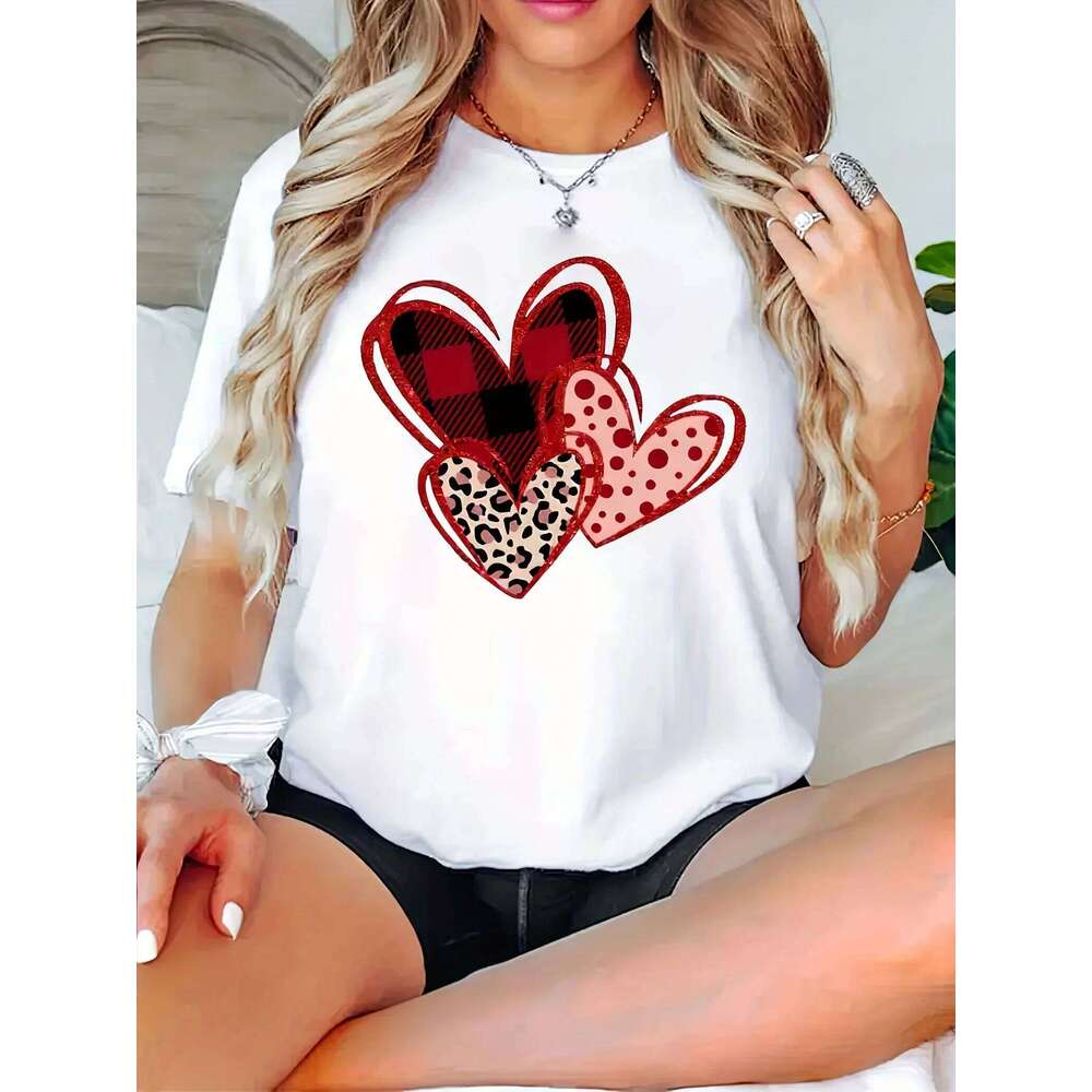 Women's Graphic Print T-Shirt - Short Sleeve Crew Neck Casual Heart Design Summer Spring Wear White with Red Black Accents Z260312