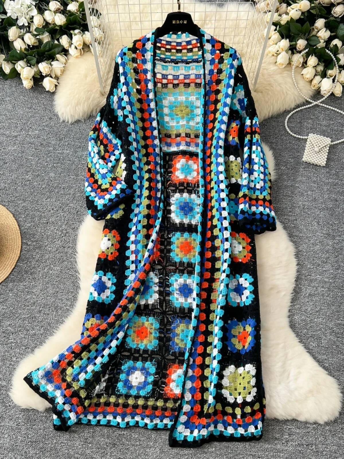 SINGREINY Summer Holiday Beach Long Cardigans Spring Fashion Vintage Floral Knit Cardigan Streetwear Loose Hollow Out Overcoat