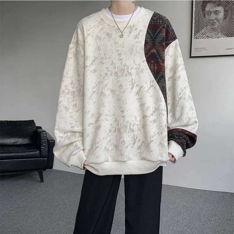 2026 New Men's Textured Print Stand Collar Henley Shirt Baggy Fit Lightweight Streetwear Top Crew Neck Sweatshirt