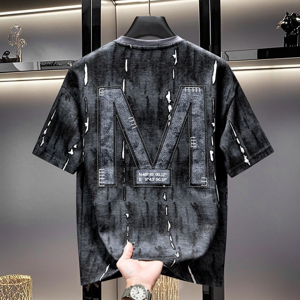 Luma hop European Summer New Embroidered Rhinestone Short Sleeve T-Shirt for Men 2025 American High-End Trendy Loose Fit Half-Sleeve Top