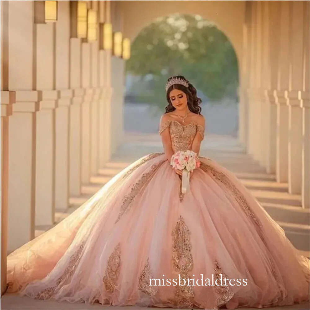 Pink Floral Quinceanera Dresses Sweetheart 3D Flowers Ruffles Corset Sweet 15 Vestidos De Anos Ball Gown Off The Shoulder Prom Dress D0312