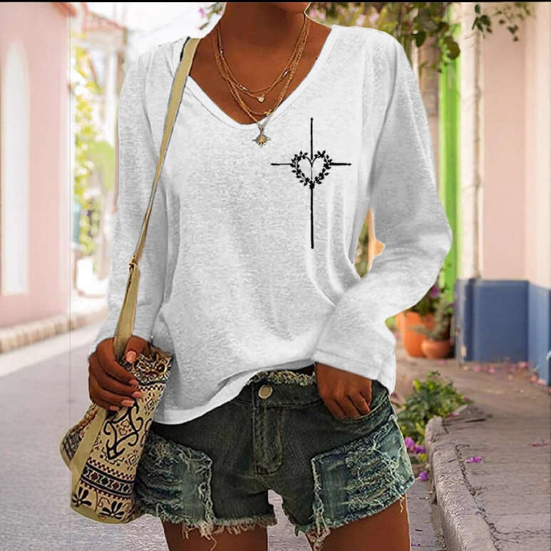 Women's Solid Color Fashion V-neck Long Sleeved T-shirt Ladies Casual Simple T-shirt
