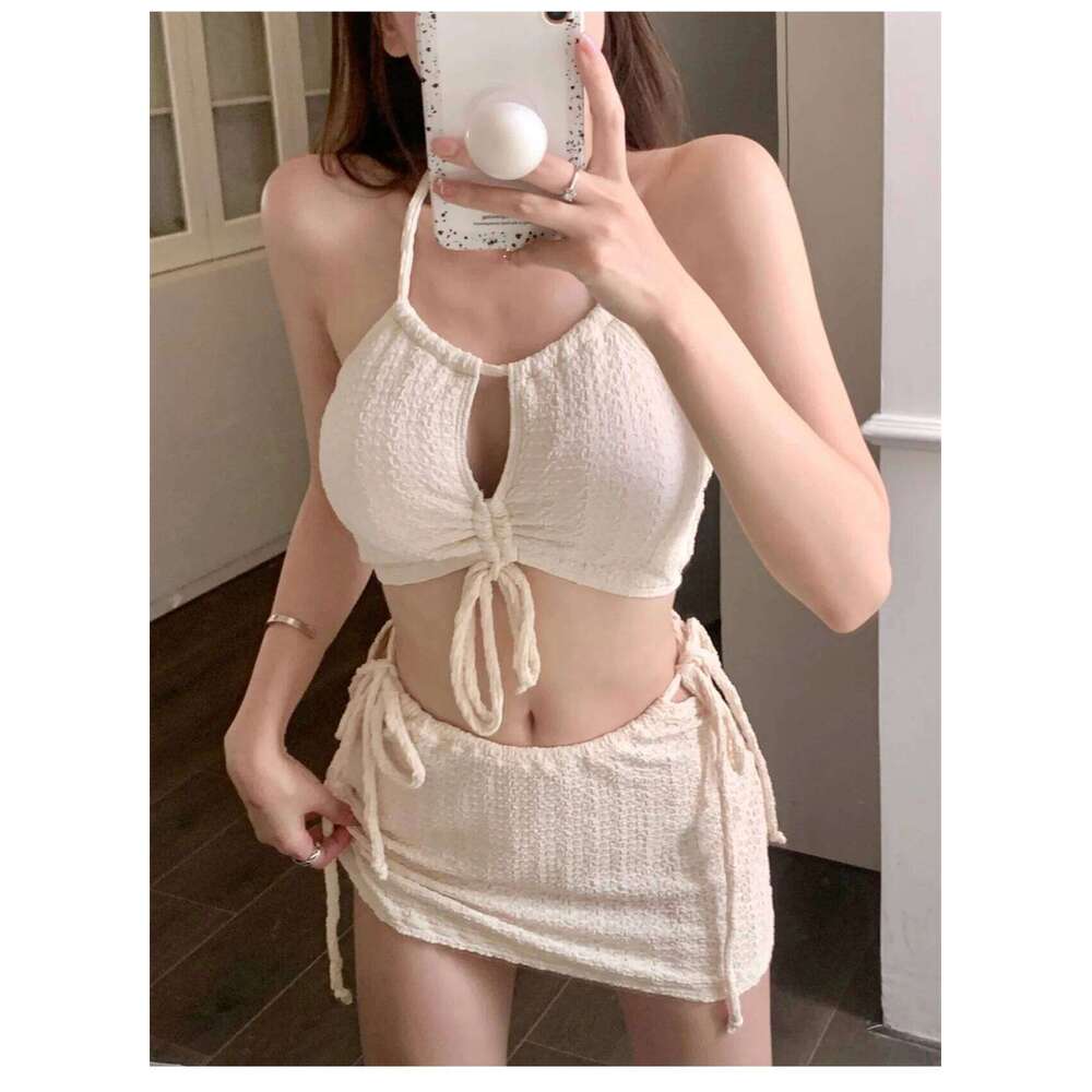 sexy Korean fashion ribbed halter bikinis sets three pieces drawstring tie swimsuit with mini skirt padded swimwear biquini Y260303