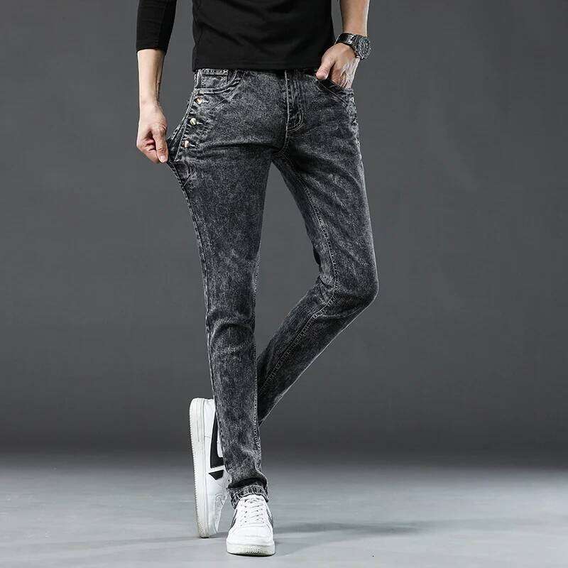 Classic Slim Vintage Men's Designer Jeans Snowflake Grey Wash Korean Fashion Stretch Pants Multi-button Denim Trousers 26Y0312