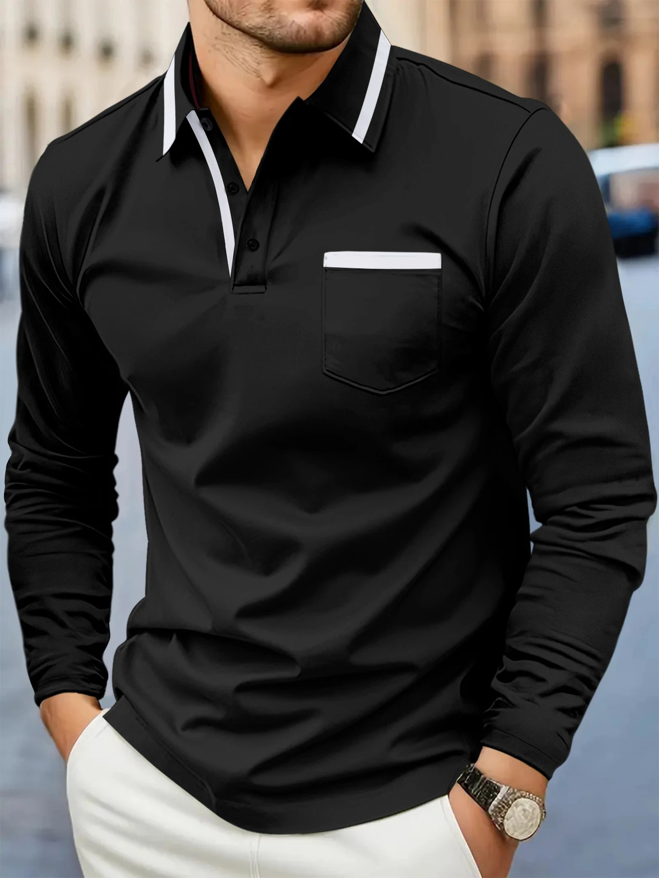 Spring and fall -selling fashion golf mens lapel pocket comfortable casual sports solid color long sleeve breathable top 260311
