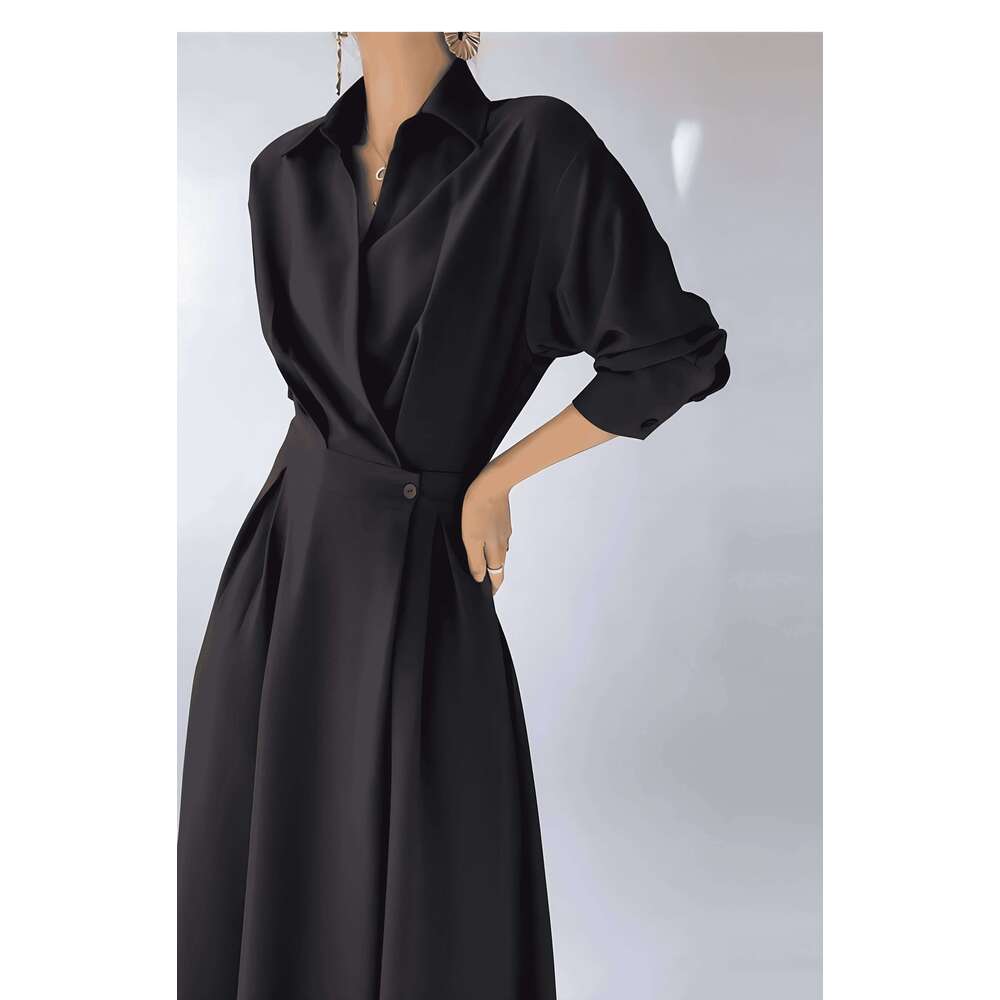 Spring and autumn women's long-sleeved lapel shirt dress, stylish elegant simple commuter Korean long skirt C260311