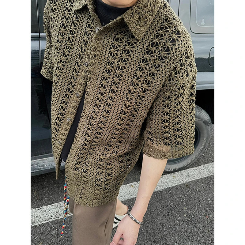 Fashion Army Green Knitted Hollow out Shirt Men Streetwear Transparent Lapel Short Sleeve Button Camisas Sexy Men Clothing 2XL-M 260311