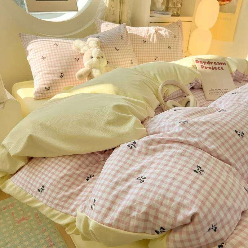 2025 New Quilt Washed Cotton Ins Style Bed Cover Four-piece Sheet Set - Bow Check Pillowcase Included for Students 150x200 H260312
