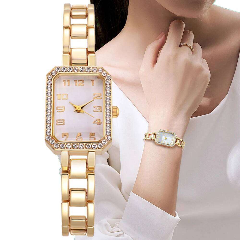 Luxury Watch 2025 New Simple Square Full Diamond Digital Quartz Watche Gold Stainless Steel Bracelet Women's Dress Clock