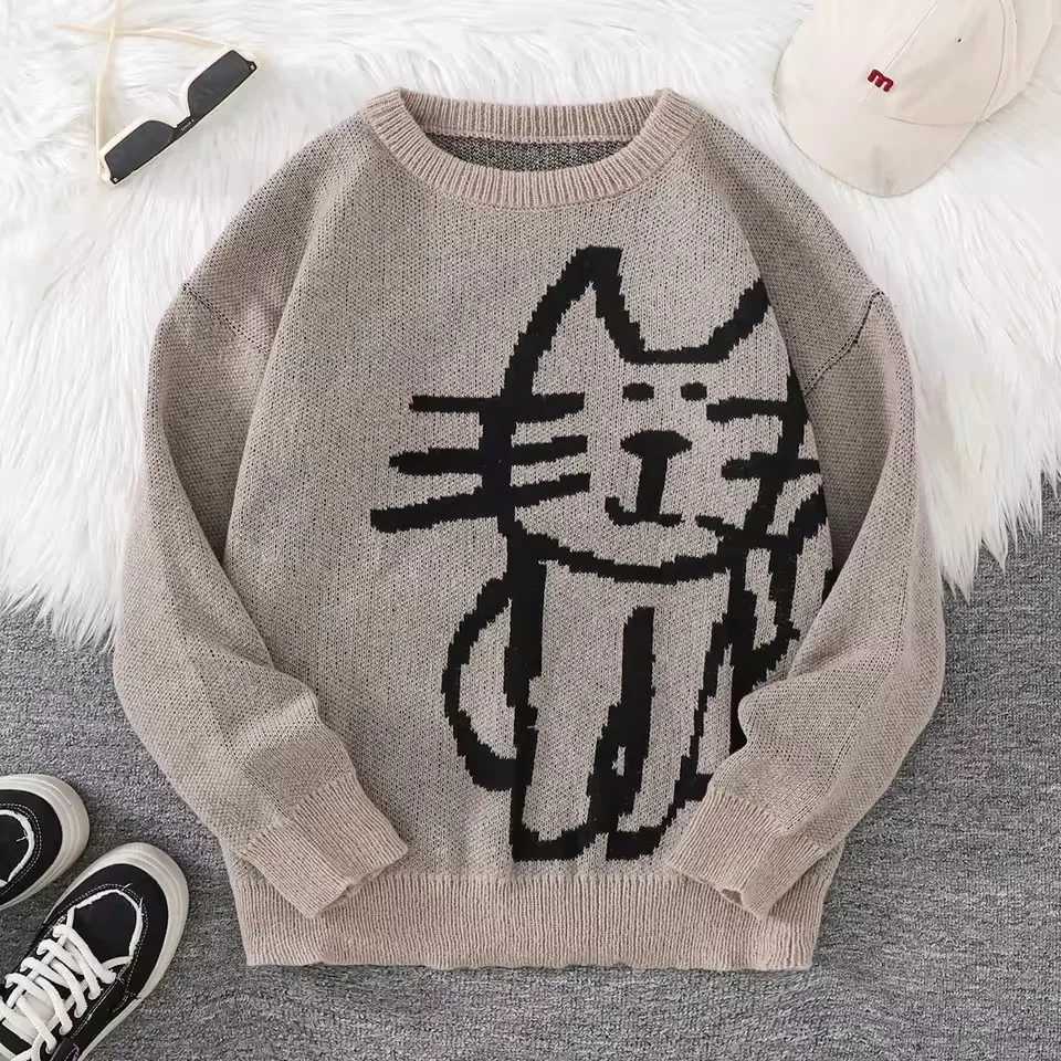American Street Style Fashionable Loose Fitting Cat Autumn and Winter Round Neck Pullover Mens and Womens Knitted Sweater M260312